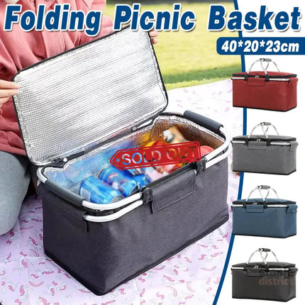 Folding Picnic Basket Insulated Cooler Bag Portable Outdoor Grocery Storage - Navy - Outdoor Recreation > Iceboxes &