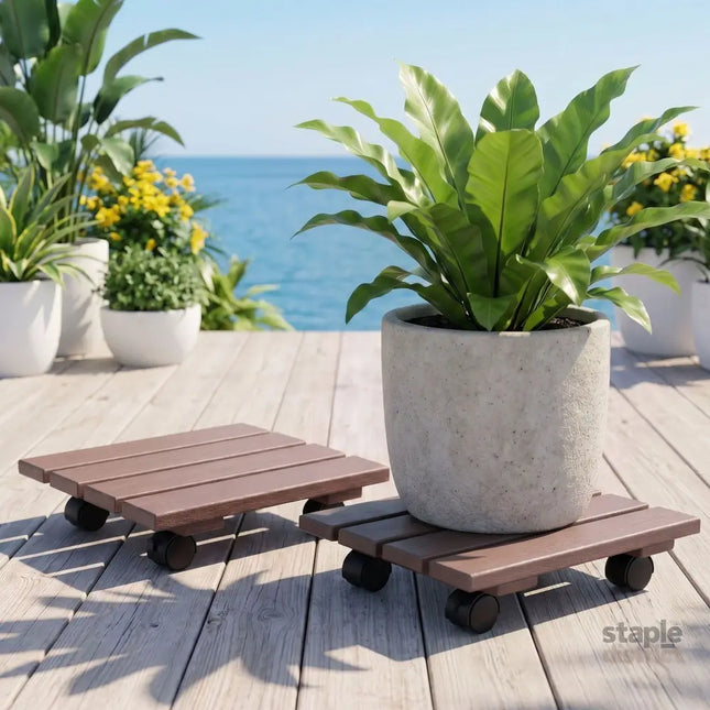 Gardeon 2PC Plant Carts HDPE Plant Caddy With Lockable Wheels Rolling Brown - Home & Garden > Garden Beds > Garden Beds