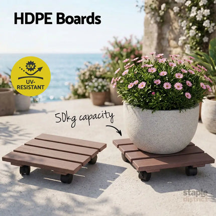 Gardeon 2PC Plant Carts HDPE Plant Caddy With Lockable Wheels Rolling Brown - Home & Garden > Garden Beds > Garden Beds