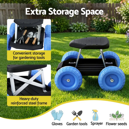 Gardeon Garden Cart Seat with Wheels Rolling Work Stool with Tool Storage Tray 440lbs (200kg) Heavy Duty Capacity