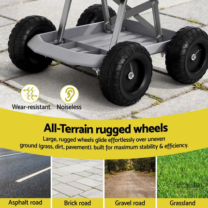 Gardeon Garden Cart Seat with Wheels Rolling Work Stool with Tool Storage Tray 440lbs (200kg) Heavy Duty Capacity