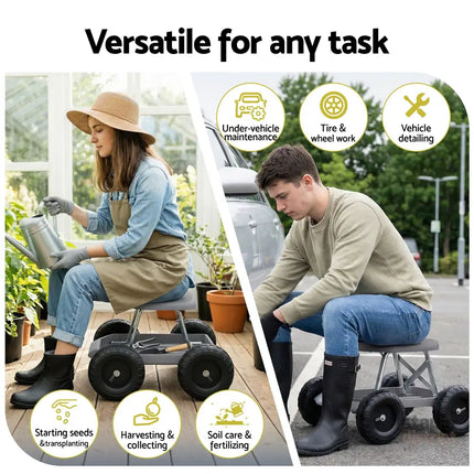 Gardeon Garden Cart Seat with Wheels Rolling Work Stool with Tool Storage Tray 440lbs (200kg) Heavy Duty Capacity