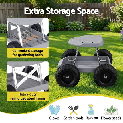 Gardeon Garden Cart Seat with Wheels Rolling Work Stool with Tool Storage Tray 440lbs (200kg) Heavy Duty Capacity