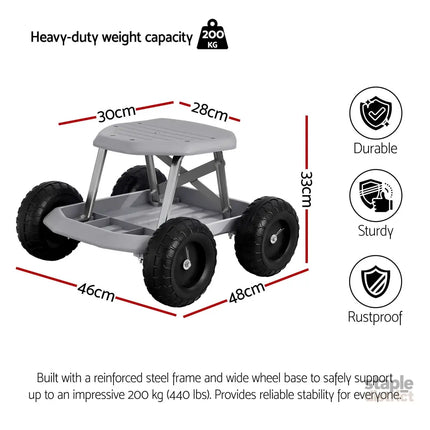 Gardeon Garden Cart Seat with Wheels Rolling Work Stool with Tool Storage Tray 440lbs (200kg) Heavy Duty Capacity