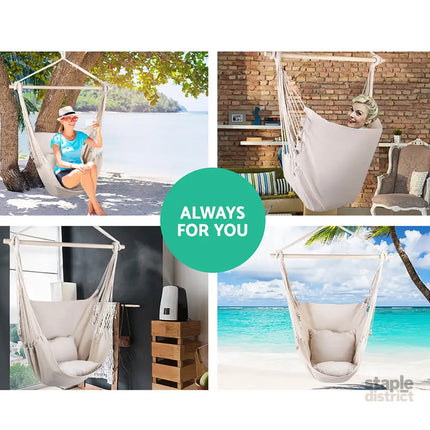 Gardeon Hammock Chair Outdoor Camping Hanging Hammocks Cushion Pillow Cream - Home & Garden > Hammocks > Hammocks &