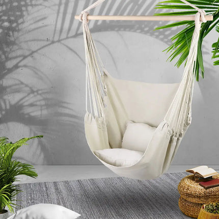 Gardeon Hammock Chair Outdoor Camping Hanging Hammocks Cushion Pillow Cream - Home & Garden > Hammocks > Hammocks &