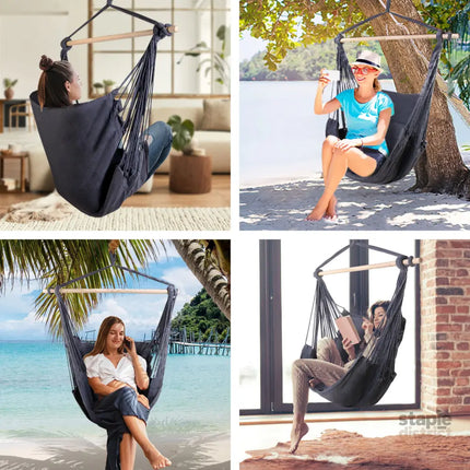 Gardeon Hammock Chair Outdoor Camping Hanging Hammocks Cushion Pillow Grey - Home & Garden > Hammocks > Hammocks &