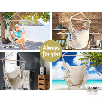 Gardeon Hanging Hammock Chair Outdoor Swing Hammocks Tassel Cream - Home & Garden > Hammocks > Hammocks & Accessories