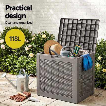 Gardeon Outdoor Storage Box 118L Container Lockable Garden Toy Tool Rattan-Texture Brown - Furniture > Outdoor >