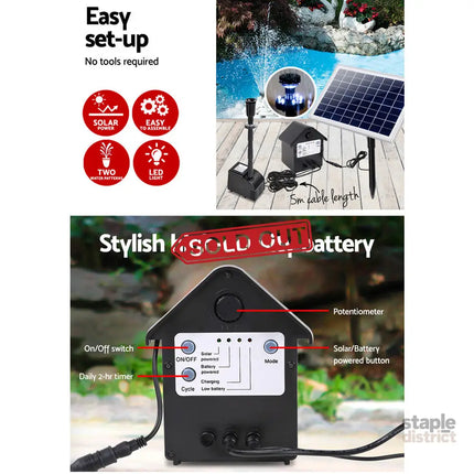 Gardeon Solar Pond Pump Submersible Water Fountain with Battery Kit LED Lights 6.6FT - Home & Garden > Fountains >