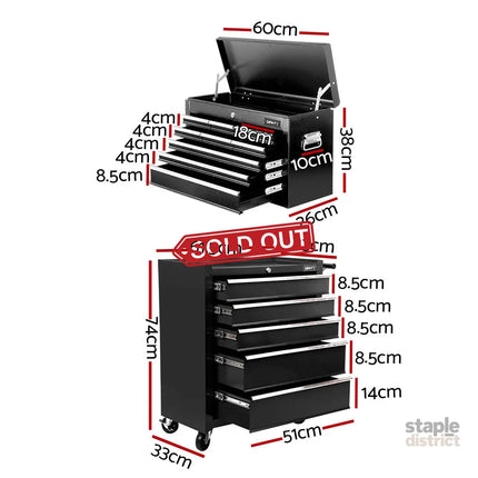 Giantz 14 Drawer Tool Box Cabinet Chest Mechanic Garage Storage Trolley Black - Tools > Tools Storage > Tool Cabinets