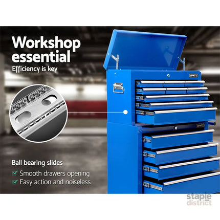Giantz 14 Drawer Tool Box Cabinet Chest Mechanic Garage Storage Trolley Blue - Tools > Tools Storage > Tool Cabinets