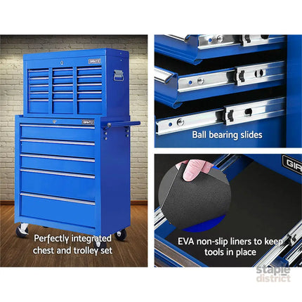 Giantz 14 Drawer Tool Box Cabinet Chest Mechanic Garage Storage Trolley Blue - Tools > Tools Storage > Tool Cabinets
