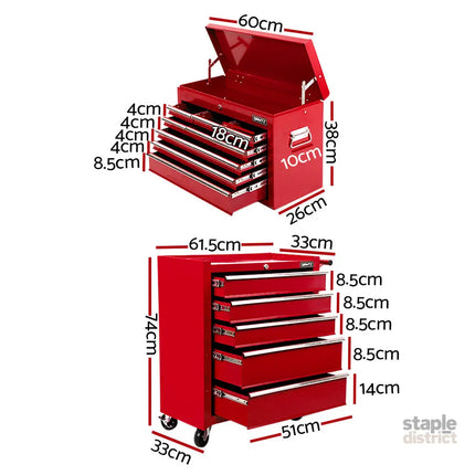 Giantz 14 Drawer Tool Box Cabinet Chest Mechanic Garage Storage Trolley Red - Tools > Tools Storage > Tool Cabinets