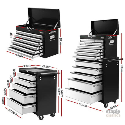 Giantz 15 Drawers Tool Chest Trolley Toolbox 2-in-1 Storage Black& Grey - Tools > Tools Storage > Tool Boxes