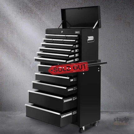 Giantz 15 Drawers Tool Chest Trolley Toolbox 2-in-1 Storage Black - Tools > Tools Storage > Tool Boxes