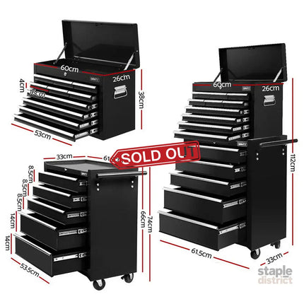 Giantz 15 Drawers Tool Chest Trolley Toolbox 2-in-1 Storage Black - Tools > Tools Storage > Tool Boxes