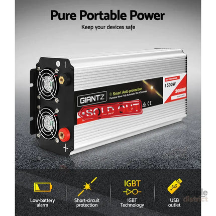 Giantz 1500W Puresine Wave DC-AC Power Inverter - Outdoor Recreation > Camping > Batteries & Generators