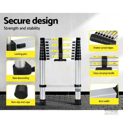 Giantz 2.6M Telescopic Ladder Aluminium Extension Extendable Steps Adjustable Height - Tools > Industrial Tools >