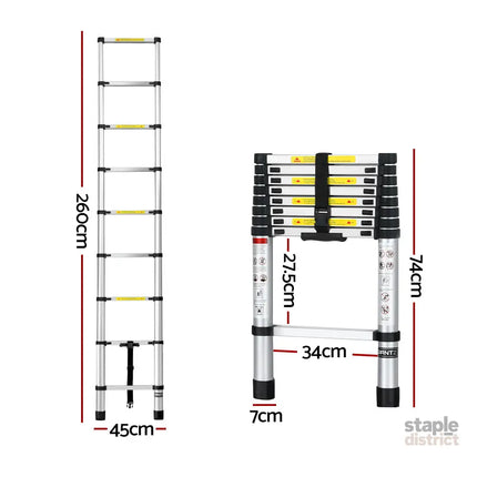 Giantz 2.6M Telescopic Ladder Aluminium Extension Extendable Steps Adjustable Height - Tools > Industrial Tools >