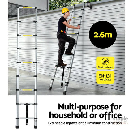 Giantz 2.6M Telescopic Ladder Aluminium Extension Extendable Steps Adjustable Height - Tools > Industrial Tools >