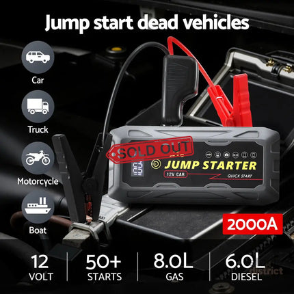 Giantz 2000A Portable Car Jump Starter 12V Lithium Battery Booster Pack Power Bank & Jumper Cables - Electronics >