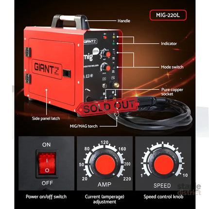 Giantz 220 Amp Inverter Welder MMA MIG DC Gas Gasless Welding Machine Portable - Tools > Power Tools > Welding Guns &