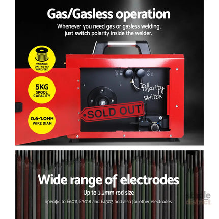 Giantz 220 Amp Inverter Welder MMA MIG DC Gas Gasless Welding Machine Portable - Tools > Power Tools > Welding Guns &