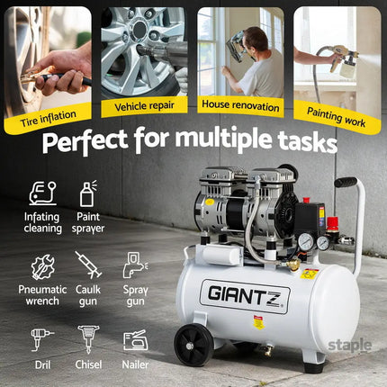 Giantz 24L Air Compressor Quiet 0.75HP Oil-Free Portable Tyre Inflator 40L/Min - Tools > Air Compressor > Air