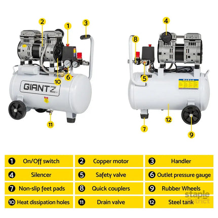 Giantz 24L Air Compressor Quiet 0.75HP Oil-Free Portable Tyre Inflator 40L/Min - Tools > Air Compressor > Air