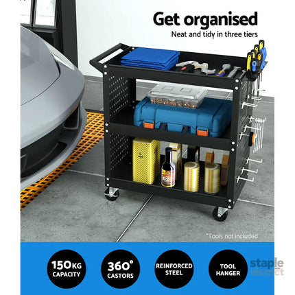 Giantz 3-Tier Tool Cart Storage Trolley Workshop Garage Pegboard Hooks Black - Tools > Tools Storage > Utility Trolleys