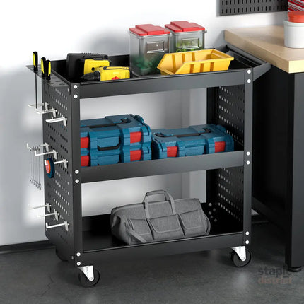 Giantz 3-Tier Tool Cart Storage Trolley Workshop Garage Pegboard Hooks Black - Tools > Tools Storage > Utility Trolleys