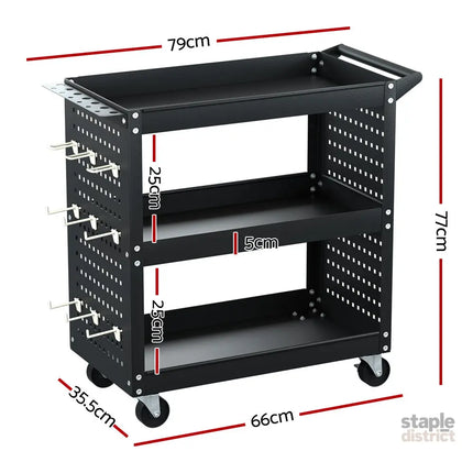 Giantz 3-Tier Tool Cart Storage Trolley Workshop Garage Pegboard Hooks Black - Tools > Tools Storage > Utility Trolleys