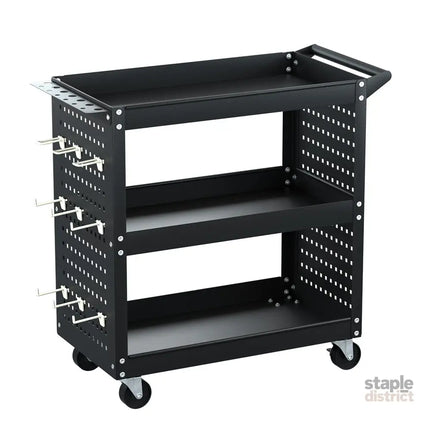 Giantz 3-Tier Tool Cart Storage Trolley Workshop Garage Pegboard Hooks Black - Tools > Tools Storage > Utility Trolleys
