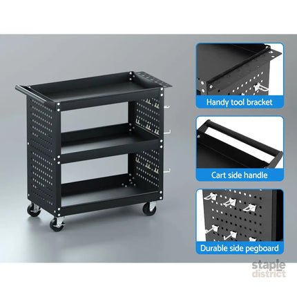 Giantz 3-Tier Tool Cart Storage Trolley Workshop Garage Pegboard Hooks Black - Tools > Tools Storage > Utility Trolleys