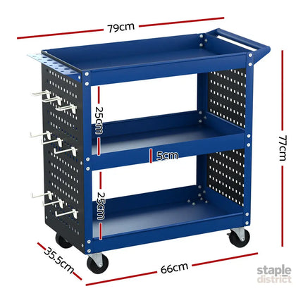 Giantz 3-Tier Tool Cart Storage Trolley Workshop Garage Pegboard Hooks Blue - Tools > Tools Storage > Utility Trolleys