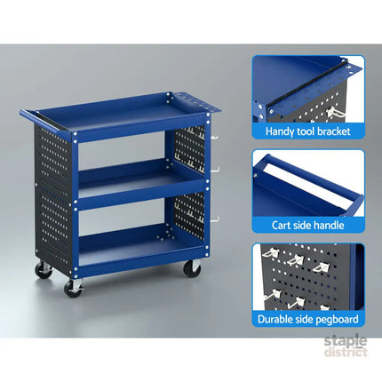 Giantz 3-Tier Tool Cart Storage Trolley Workshop Garage Pegboard Hooks Blue - Tools > Tools Storage > Utility Trolleys