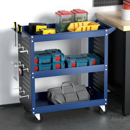 Giantz 3-Tier Tool Cart Storage Trolley Workshop Garage Pegboard Hooks Blue - Tools > Tools Storage > Utility Trolleys