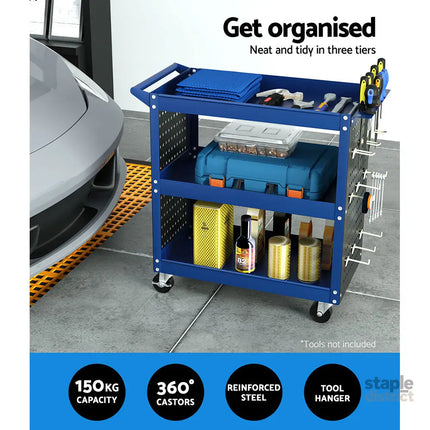 Giantz 3-Tier Tool Cart Storage Trolley Workshop Garage Pegboard Hooks Blue - Tools > Tools Storage > Utility Trolleys