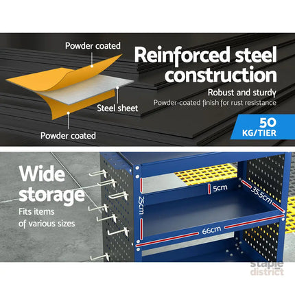 Giantz 3-Tier Tool Cart Storage Trolley Workshop Garage Pegboard Hooks Blue - Tools > Tools Storage > Utility Trolleys