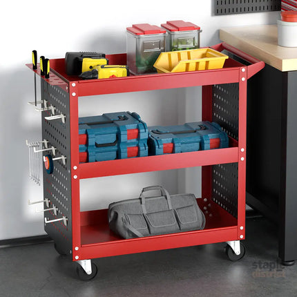 Giantz 3-Tier Tool Cart Storage Trolley Workshop Garage Pegboard Hooks Red - Tools > Tools Storage > Utility Trolleys