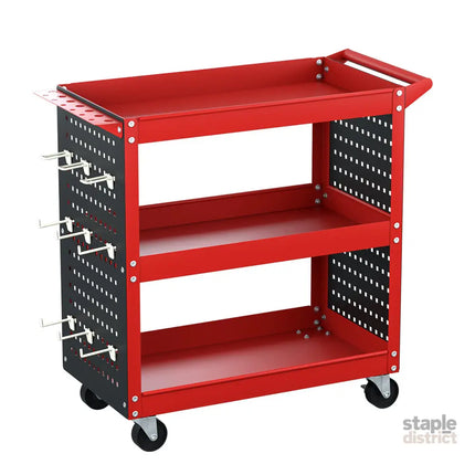 Giantz 3-Tier Tool Cart Storage Trolley Workshop Garage Pegboard Hooks Red - Tools > Tools Storage > Utility Trolleys