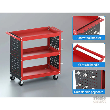 Giantz 3-Tier Tool Cart Storage Trolley Workshop Garage Pegboard Hooks Red - Tools > Tools Storage > Utility Trolleys