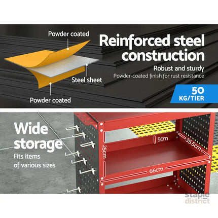 Giantz 3-Tier Tool Cart Storage Trolley Workshop Garage Pegboard Hooks Red - Tools > Tools Storage > Utility Trolleys