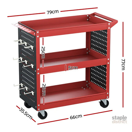 Giantz 3-Tier Tool Cart Storage Trolley Workshop Garage Pegboard Hooks Red - Tools > Tools Storage > Utility Trolleys