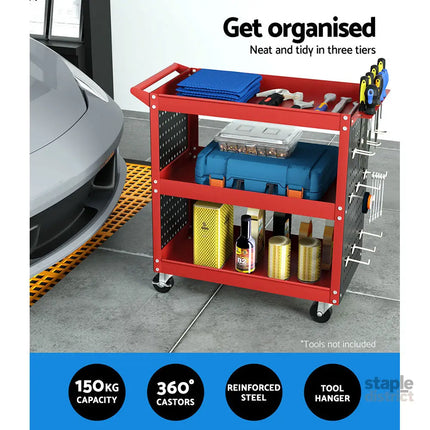 Giantz 3-Tier Tool Cart Storage Trolley Workshop Garage Pegboard Hooks Red - Tools > Tools Storage > Utility Trolleys