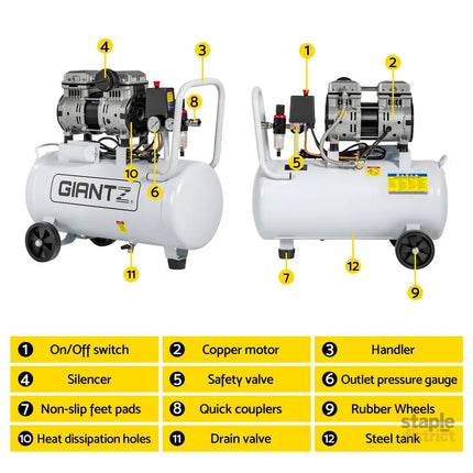 Giantz 30L Air Compressor Quiet 0.75HP Oil-Free Portable Tyre Inflator 40L/Min - Tools > Air Compressor > Air