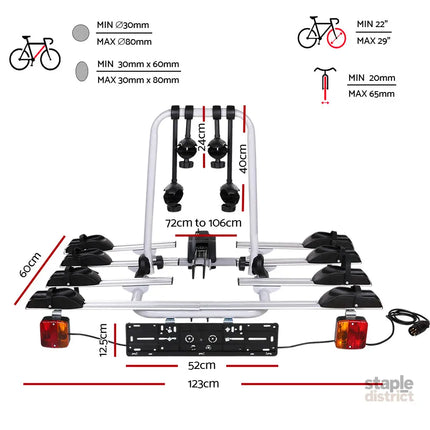 Giantz 4 Bicycle Bike Carrier Rack Car Towbar Hitch Ball Mount Tail light Silver - Sports & Fitness > Bikes &