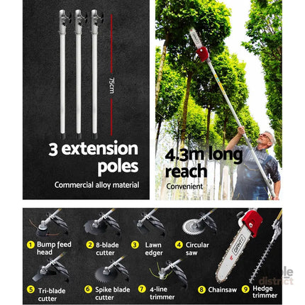 Giantz 4 Stroke Pole Chainsaw Petrol Hedge Trimmer Tree Pruner 12’’ 9 In 1 - Tools > Power Tools > Chainsaws