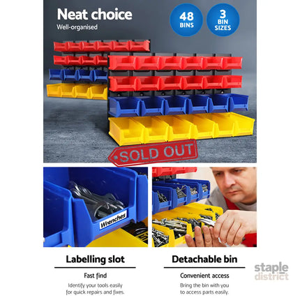 Giantz 48 Storage Bin Rack Wall Mounted Peg Board - Tools > Tools Storage > Wall Storage Racks